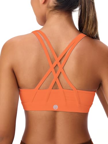 Image of Women's Strappy Sports Bras Light Compression Crop Criss Cross Back Padded Workout Yoga Bra Supportive U Neckline