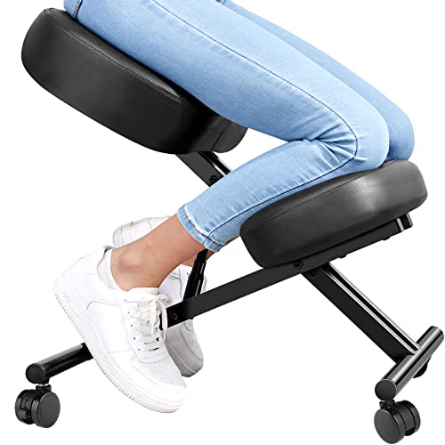 Silla Ergonómica de Rodillas para Postura Erguida - Taburete de Rodilla para Casa y Oficina, Ajustable Altura, 3" Cojines Gruesos, Marco de Metal, Piel Sintética