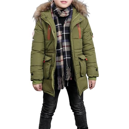 Boys Girls Winter Coat Hoodie Warm Quilted Puffer Parka Jacket with Furry Hood Kids Zip Up Solid Outerwear (AG, 160)