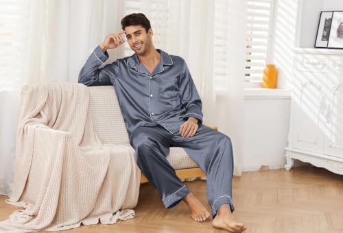 Image of U2SKIIN Mens Silk Pajamas Set, Long Sleeve Satin Pajamas for Men Sleepwear Button Down Pjs Set Two-piece
