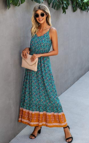 Image of Angashion Women's Dresses Floral Adjustable Spaghetti Strap V Neck Boho Long Maxi Dress Summer Beach Flowy Ethnic Sundress