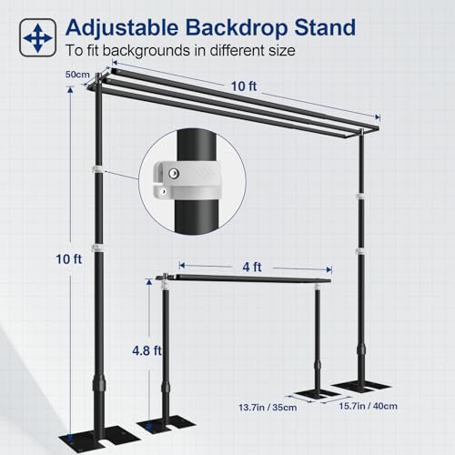 Image of EMART Backdrop Stand Heavy Duty 9.8x10Ft,Three Crossbar Pipe and Drape Photo Background Support Kit, Adjustable Metal Frame with Flat Base for Wedding Birthday Party Decorations-Black