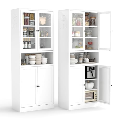 AQY Kitchen Pantry Cabinet,72' White Pantry Storage Cabinet with Adjustable Shelves and Glass Doors,Freestanding Cupboard,Metal Pantry Cabinets with Handle for Living Room Kitchen Assembly Required