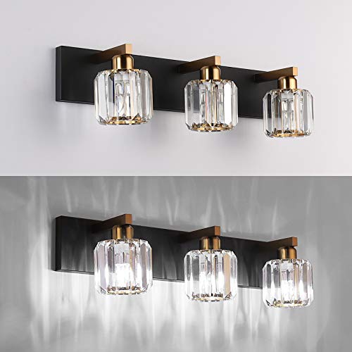Image of Aipsun Crystal Vanity Light Black Bathroom Vanity Lighting Fixtures 3 Lights Modern Vanity Light for Bathroom (Exclude Bulb)