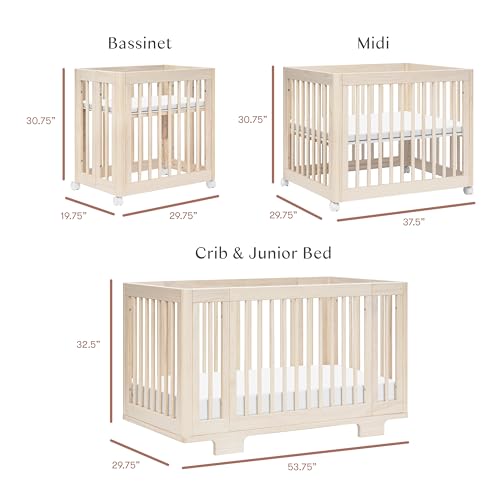 Image of Babyletto Yuzu Convertible All-Stages Bassinet, Midi, Full-Size Crib in Washed Natural, Greenguard Gold Certified, Portable & Adjustable with Conversion Kits and Pads Included