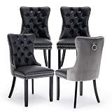 SoarTalent Leather Upholstered Dining Chairs Set of 4, Modern Style Kitchen Side Chairs with Nailhead Trim and Wood Leg, Metal Pulling Ring for Dining Room Living Room(Black&Grey,Set of 4)
