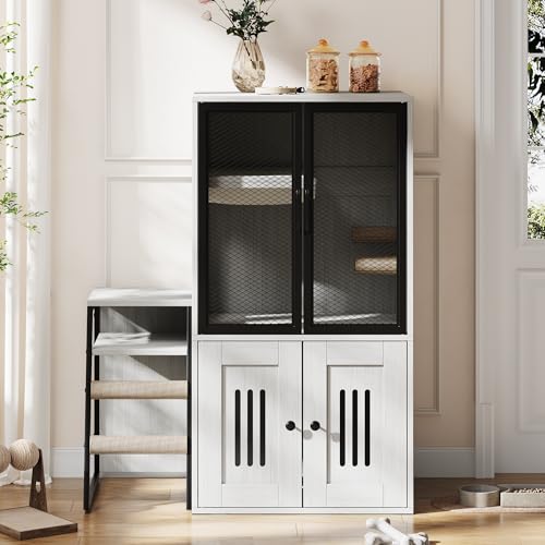 Cat Litter Box Enclosure, Double Layer Enclosed Litter Box Furniture with Door, Cat House with Ladder, White