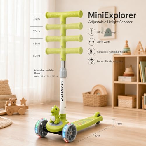 Image of MiniExplorer Zoomie Kids Kick Scooter with LED Wheels, 3 Wheel Scooter for Boys & Girls, Adjustable Height Handle, Foldable Lightweight Scooter for Kids Age 3+ Years - Dino