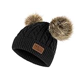Infant Toddler Beanie Woolen Hat Pure Color Winter Twist Double Pom Pom Wool Knitted Cap for 0-3...