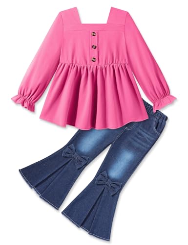 Toddler Girl Clothes Clothing Set Ruffle Long Sleeve Shirt with Flare Bow Jeans for 18M-7Y - Main Image