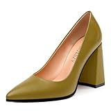 GUAVAIVY Women's Pumps, Closed Toe Block High Heels, Fashion Solid Wedding Casual Working Shoes for Women Olive Matte Size 7