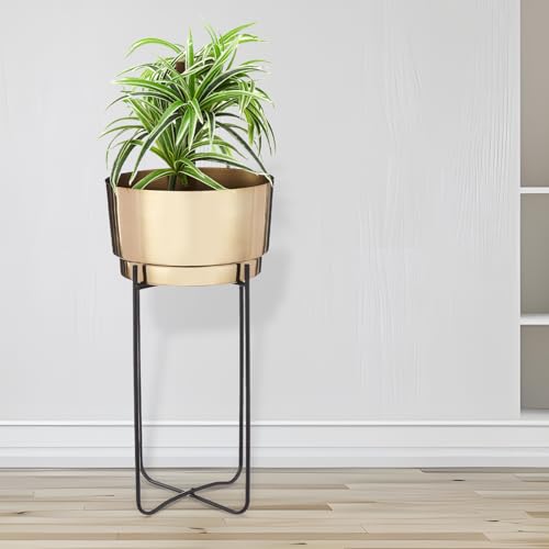Image of amazon basics Planter Flower Pot with Stand (Set of 2) | for Home decor | (Cylinder Shaped) (Antique Gold and Copper Finish)