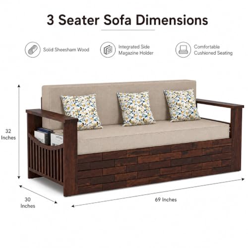 Image of Douceur Furnitures Solid Sheesham Wooden 3 Seater Sofa Cum Bed with Mattress,Cushions & Side Pockets,Wood Foldable Convertible Sofa 3 Seater Diwan Cum Bed for Living Room & Office|Walnut Finish