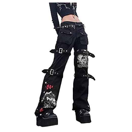 Women's Goth Baggy Jeans Wide Leg E-Girl Grunge Gothic Pants Harajuku Y2k Tripp Pants Punk Streetwear (A2, Small)