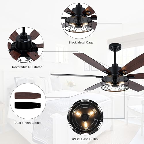 Image of Farmhouse Ceiling Fan with Lights Remote 60 inch Rustic Ceiling Fan | Black Caged Fandelier, Large Chandelier Light for Living Room Covered Outdoor, Reversible Quiet DC Motor 6 Speed, 3 E26 Bulbs