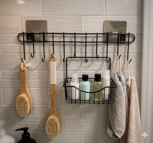 Image of Wall Mounted Kitchen Utensil Hanger with Adhesive Hooks | Heavy Duty Metal Spoon & Ladle Holder Rack | No Drilling Kitchen Organizer for Cooking Tools, Cups & Accessories (Black)