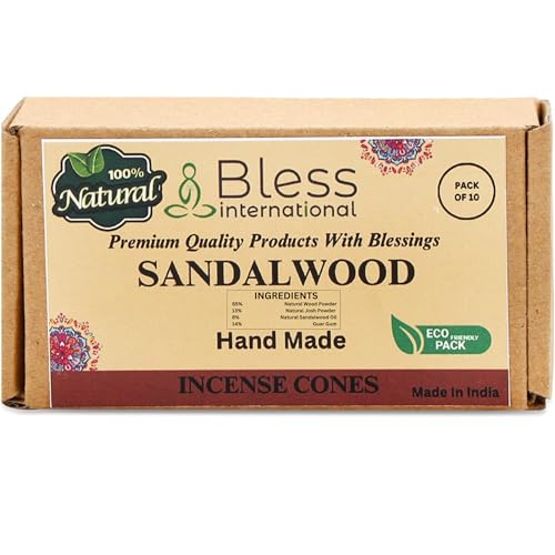Bless International Sandalwood 100%-Natural-Incense-Cones Handmade-Hand-Dipped Organic-Chemicals-Free for-Purification-Relaxation-Positivity-Yoga-Meditation The-Best-scents (10 Count)