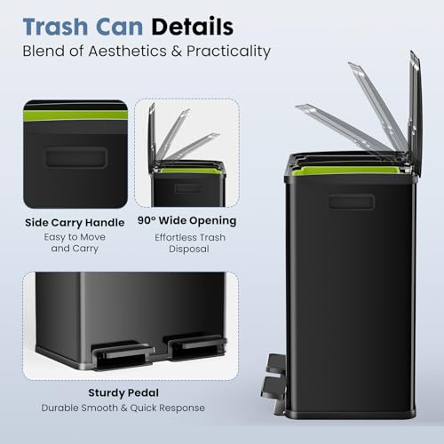 Image of DUMOS Kitchen Trash Can, 2x8-Gallon Dual Trash Can with Lid, Stainless Steel Garbage Bin with 2 Removable Inner Buckets, Soft-Close Foot Pedal for Kitchen, Home, Office, Glossy Black