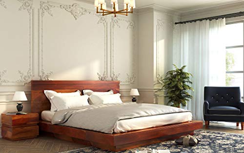 Image of Sheesham Solid Wood Honey Finish Voted Platform King Size Without Storage Wooden Bed for Beautiful Bedroom Room (King, Honey)