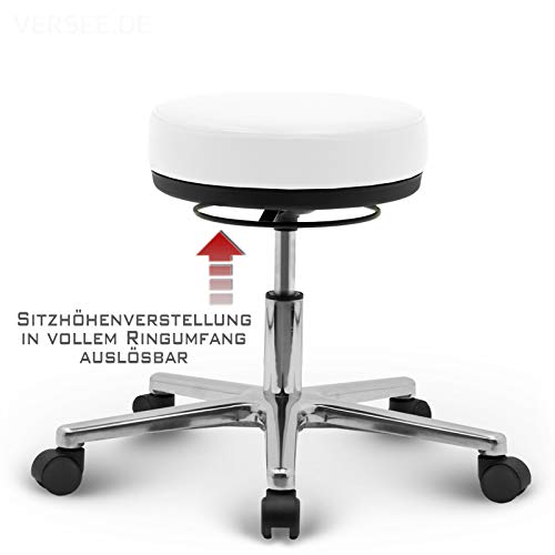 Foto von VERSEE Profi Arbeitshocker Liber - Echt-Leder - weiß - mit praktischer Ringauslösung + hochwertige Verarbeitung + Dicke Polsterung + Metall-Gestell + 150 kg belastbar