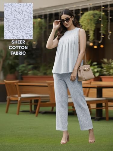 Image of GRECIILOOKS Co-Ord Set for Women stylish Solid| Jumpsuit For Women's Stylish | Dress | Travel | Sheer Cotton Textured Sleeveless Top And Straight Pants