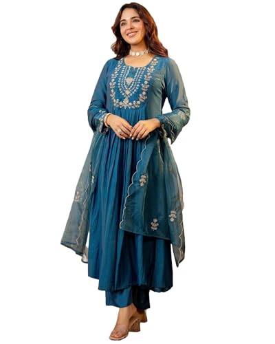 Nermosa Women Embroidery Solid A-Line Kurta and Pant Set with Dup...