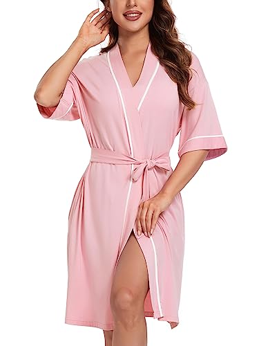 COLORFULLEAF Womens Short Robes Bamboo Rayon Lightweight Kimono Robe Soft Knit Bathrobe Ladies Loungewear with Pockets (Pink,M)
