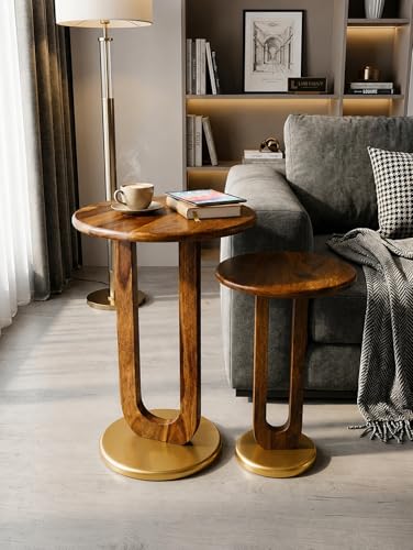 Image of REDWOOD Sheesham Wood End Table Set of 2 | Round Side Table for Living Room, Bedroom & Sofa Side | Space Saving Stackable Accent Coffee Table | Modern Wooden Furniture | Brown & Golden