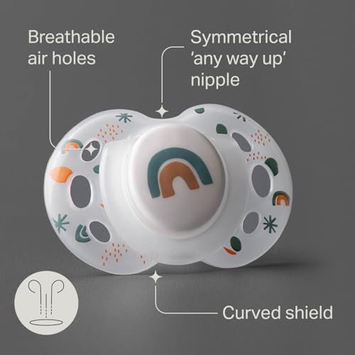 Tommee Tippee Night Time Pacifier, 18-36 Months, Symmetrical Silicone Baglet, BPA-Free Binkies, Glow in The Dark Technology, White Rainbow, Pack of 6