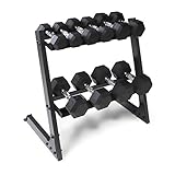 WF Athletic Supply Rubber Coated Hex Dumbbell Set Non-Slip Hex Shape for Muscle Toning, Strength Building, Weight Loss - Multiple Choices Available (d. 200LB Dumbbells Set with Two Tier Storage Rack)