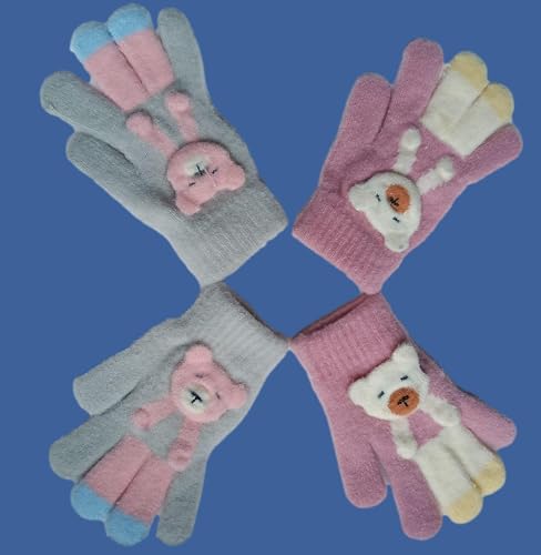 Image of Kids Winter Woolen Hand Gloves for Girls (Age 8-12 Years) | Soft Warm Knitted Gloves | Cute Teddy Bear Design | Cold Weather Gloves | Pack of 2 Pairs