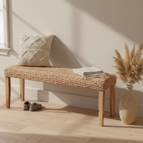 Indoor Bench Wicker for Entryway Bench, Wood Bench for Living Room Dining Bench or End of Bed Bench, 47' Boho Bench with Solid Wood Acacia & Natural Woven Seat, Rustic Farmhouse Rattan Hallway Bench