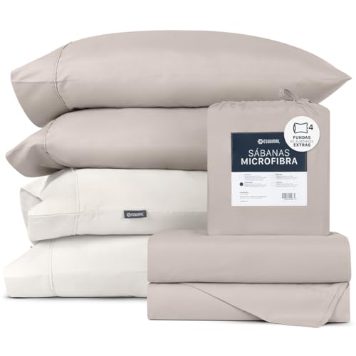 Consejos para Comprar Sábanas y fundas de almohada para comprar hoy. 44 ESQUIMAL Juego de Sábanas de Microfibra + Fundas de Almohada Extra, Suaves y Frescas (Khaki - Marfil, King Size)