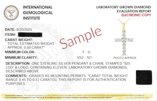 IGI Certified Lab Grown Diamond Cross Necklace 1/2 to 1 CTTW (F-G Color, VS2-SI1 Clarity) Sterling Silver,14KT Gold Plate or 14KT Solid Gold - 18 Inch Chain2