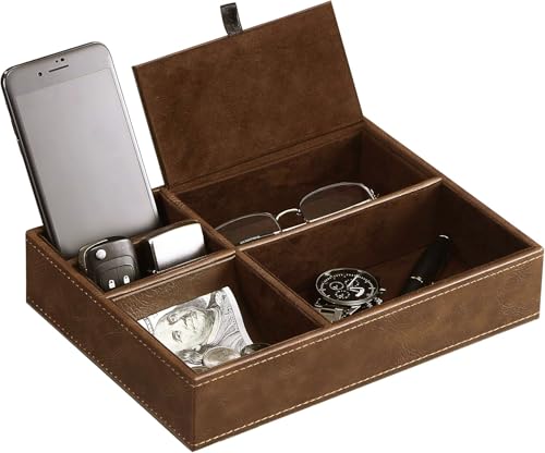 BEWISHOME Mens Valet Tray Dresser Organizer Nightstand Organizer for Mens Accessories, Faux Leather,Brown SSH06Z