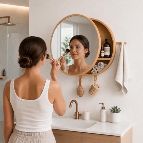 Image of CIPLA PLAST Rich Look Bathroom Cabinet with Mirror | Storage Organiser | Strong Plastic Bathroom Shelves Wall Mounted | Bathroom Accessories| Mirror Cabinet (2, Champagne Gold, Round)