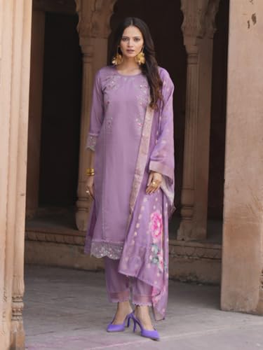 Image of VredeVogel Kurta Set with Dupatta | Viscose Rayon Embroidered Kurta Set for Women | Women's Ethnic Casual Kurti Set |Kurta Pant Festive Suit