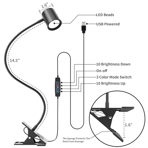 USB Clip-On LED Reading Lamp for Home Office - Black