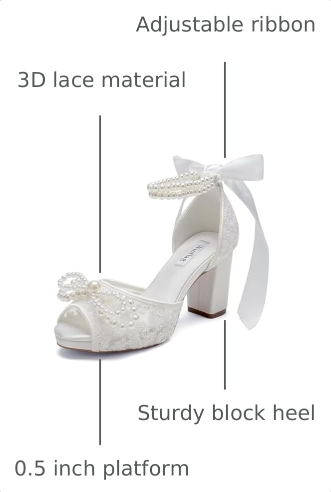 Image of Lace Pearl Wedding Shoes for Bride High Heel Bridal Shoes Peep Toe Platform Wedding Heels