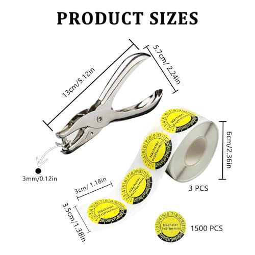 1500 Stück Prüfplaketten, 30 mm Prüfplakette, mit 3 mm Lochzange Rundloch, Prüfplaketten Nächster Prüftermin, Mehrjahresprüfplaketten 2025–2030, für Prüfung Elektrogeräte, Maschinen(Gelb)
