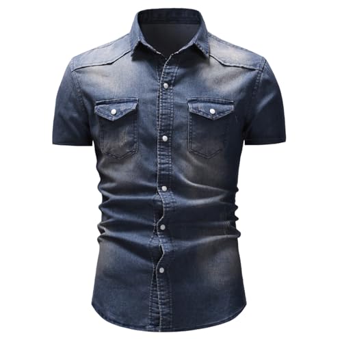HOTIAN Herren Jeanshemd Kurzarm Regular Fit Denim Shirt Freizeithemd Geknöpftes Hemd mit Taschen für Herren