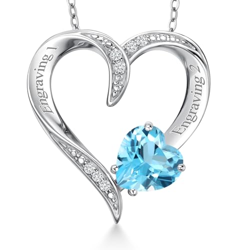 Gem Stone King Customized and Personalized 7MM Heart Shape Gemstone Birthstone and White Lab Grown Diamond Name Pendant Necklace For Women | 925 Sterling Silver | With 18 Inch Silver Chain