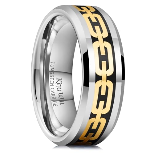 King Will 8mm Tungsten Wedding Band for Men Silver Rings with Gold Chain Sticker Inlay Two Tone Mens Fashionable Ring High Polished Beveled Edges Size 11