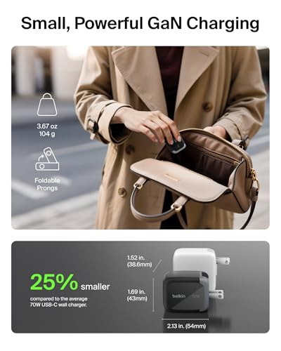 Image of Belkin 3-Port USB C Charger Block 70W, Multi-Port GaN Wall Charger w / 2X USB C Ports & 1x USB A Port, Fast Charging for MacBook, iPhone 17, iPad Pro, Samsung Galaxy S26, Google Pixel 10, & More