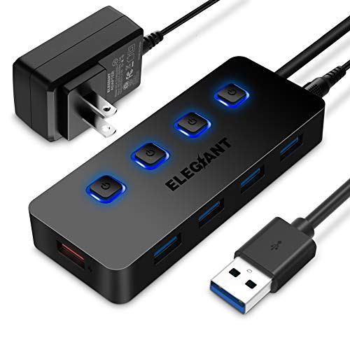 ELEGIANT 4 Port USB Hub, 4-Port USB 3.0 Hub and 1 USB Smart Charging Port, Powered USB Hub with Individual On/Off Switches USB Splitter with Power Adapter Supports Desktop Laptop Tablet MacBook iPad