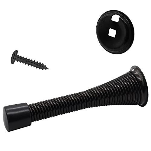 Rierdge Spring Door Stopper with Rubber Tips Bumper Satin Nickel 3-1/4\" Black Heavy Duty Flexible Stainless Steel Wall Door Stopper Wall Protector, 6 Pack