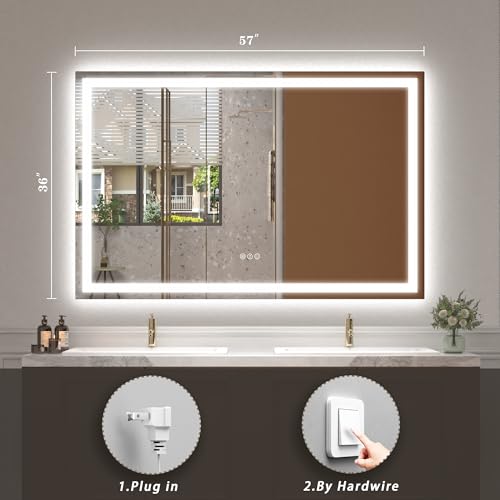 Image of 57x 36 LED Lighted Bathroom Mirror, Dimmable Vanity Mirror with Lights, Anti-Fog, ETL Listed (Backlit and Front Lighted)