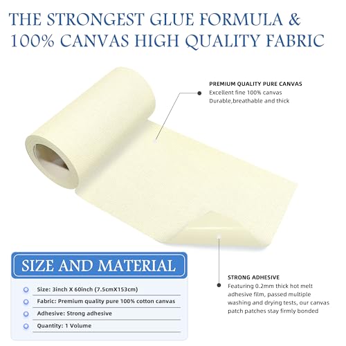 Image of KING MOUNTAIN Canvas Iron on Patch,3 inchx60 inch,Waterproof 100% Cotton Fabric Repair Patch,Used for Various Sofa,Tent,Clothes,Seats,Suitcases (Beige White)