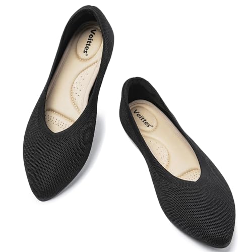 Veittes Women's Wide Width Flats Shoes, Comfortable Breathable Soft Ladies Slip on Knitted Ballet Shoes.2