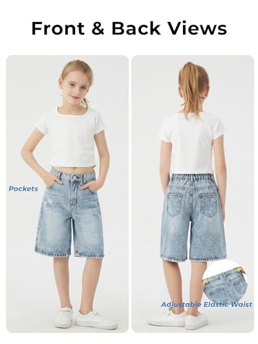 Image of Girls Shorts Elastic Waist Jorts Denim Jean Shorts Ripped Knee Length Bermuda Shorts for Kids Teen Girls Summer